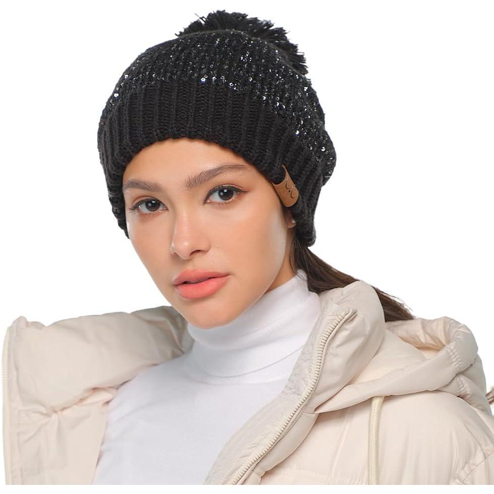 imageCC Sequin Pom Beanie for Women  Acrylic Stretchable Soft Warm Knit Winter Skully Hat with Yarn PomSequinblack  Black