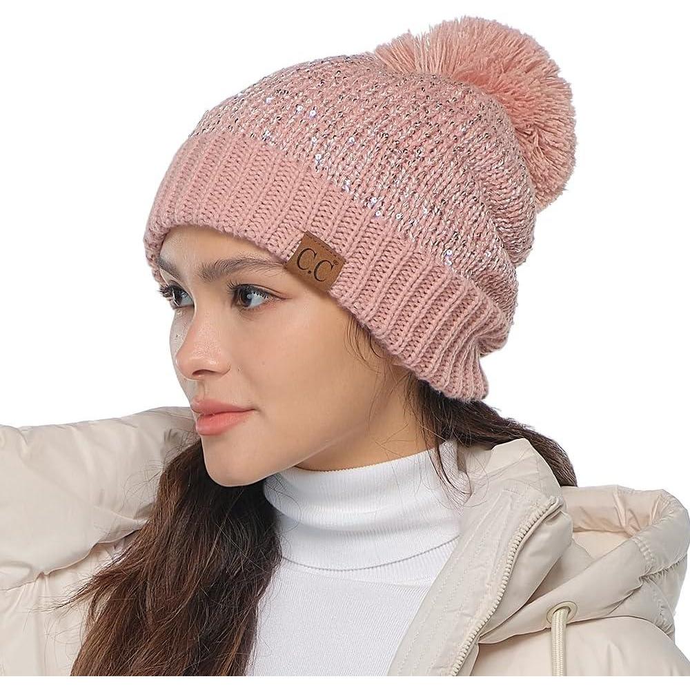 imageCC Sequin Pom Beanie for Women  Acrylic Stretchable Soft Warm Knit Winter Skully Hat with Yarn PomSequinrose  Rose