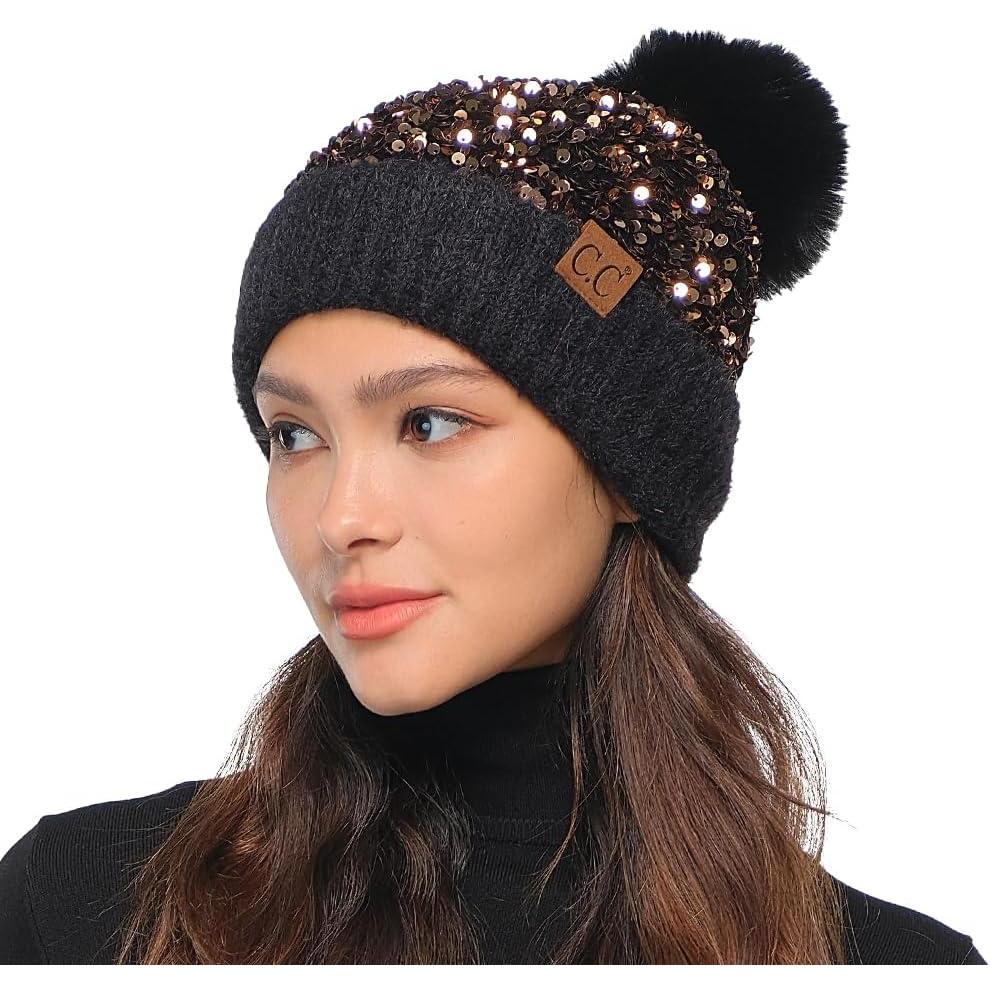 imageCC Sequin Pom Beanie for Women  Acrylic Stretchable Soft Warm Knit Winter Skully Hat with Yarn PomSparklesgold