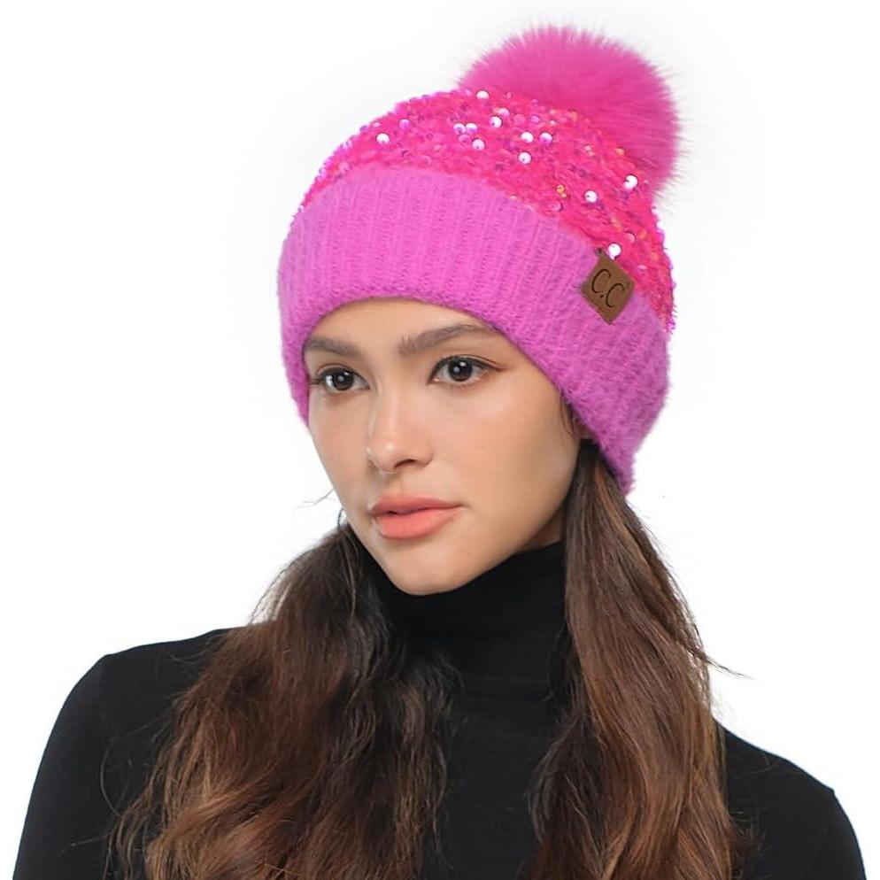 imageCC Sequin Pom Beanie for Women  Acrylic Stretchable Soft Warm Knit Winter Skully Hat with Yarn PomSparkleshot Pink