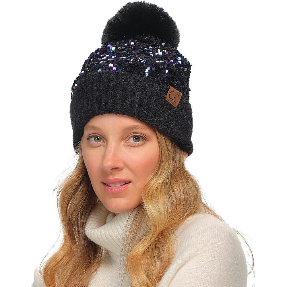 imageCC Sequin Pom Beanie for Women  Acrylic Stretchable Soft Warm Knit Winter Skully Hat with Yarn PomSparklespurple  Black
