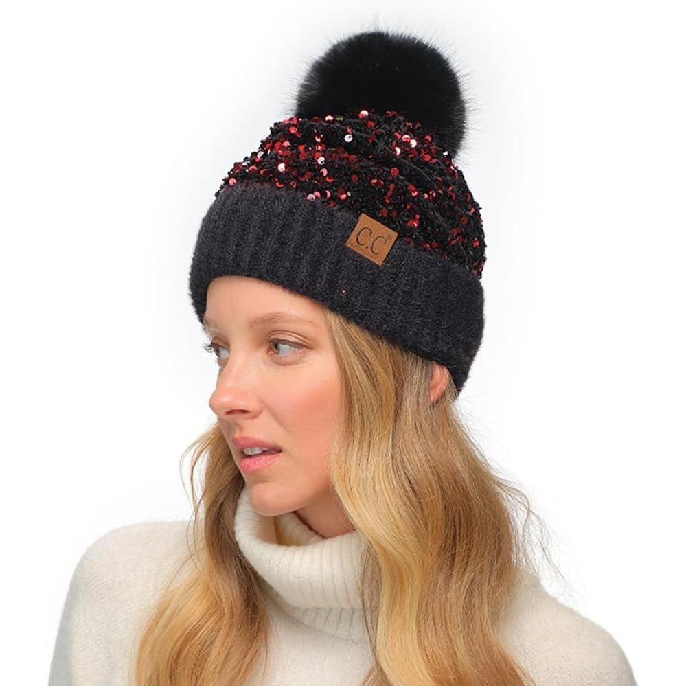 imageCC Sequin Pom Beanie for Women  Acrylic Stretchable Soft Warm Knit Winter Skully Hat with Yarn PomSparklesred  Black