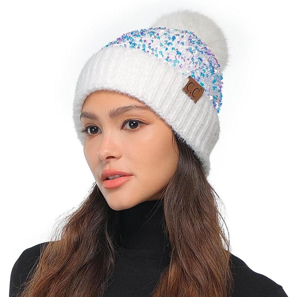 imageCC Sequin Pom Beanie for Women  Acrylic Stretchable Soft Warm Knit Winter Skully Hat with Yarn PomSparkleswhite