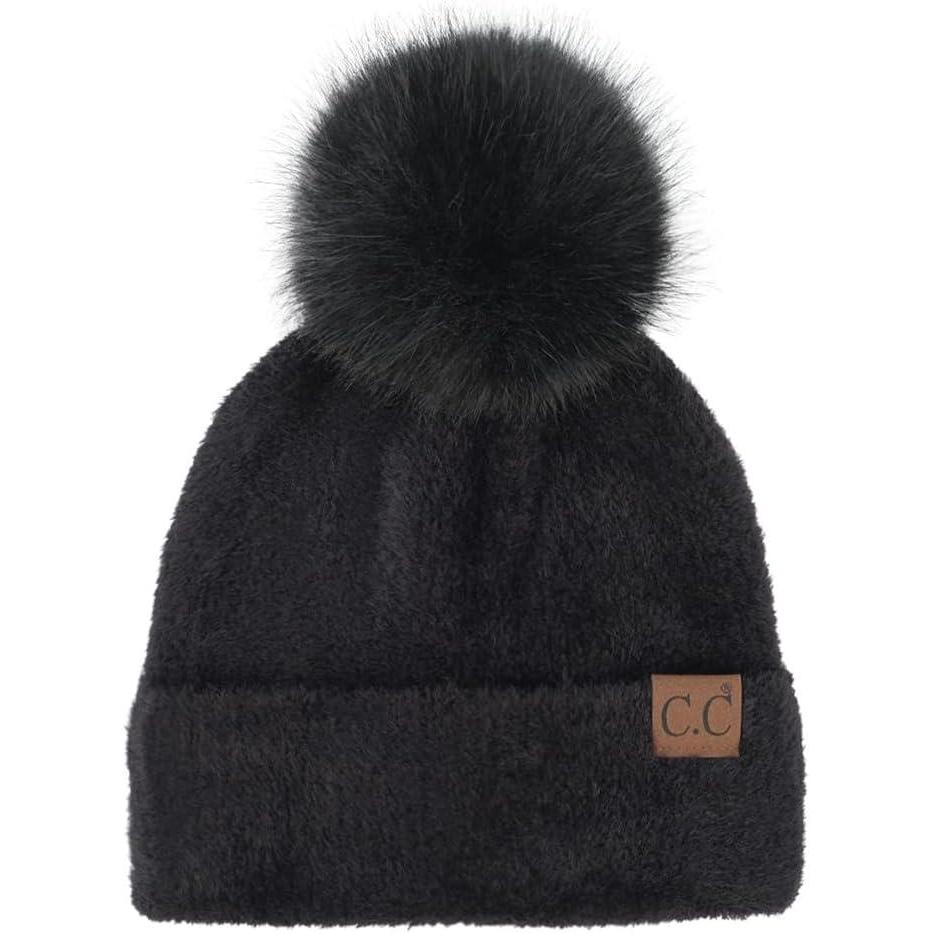 imageCC Sequin Pom Beanie for Women  Acrylic Stretchable Soft Warm Knit Winter Skully Hat with Yarn PomTerryblack