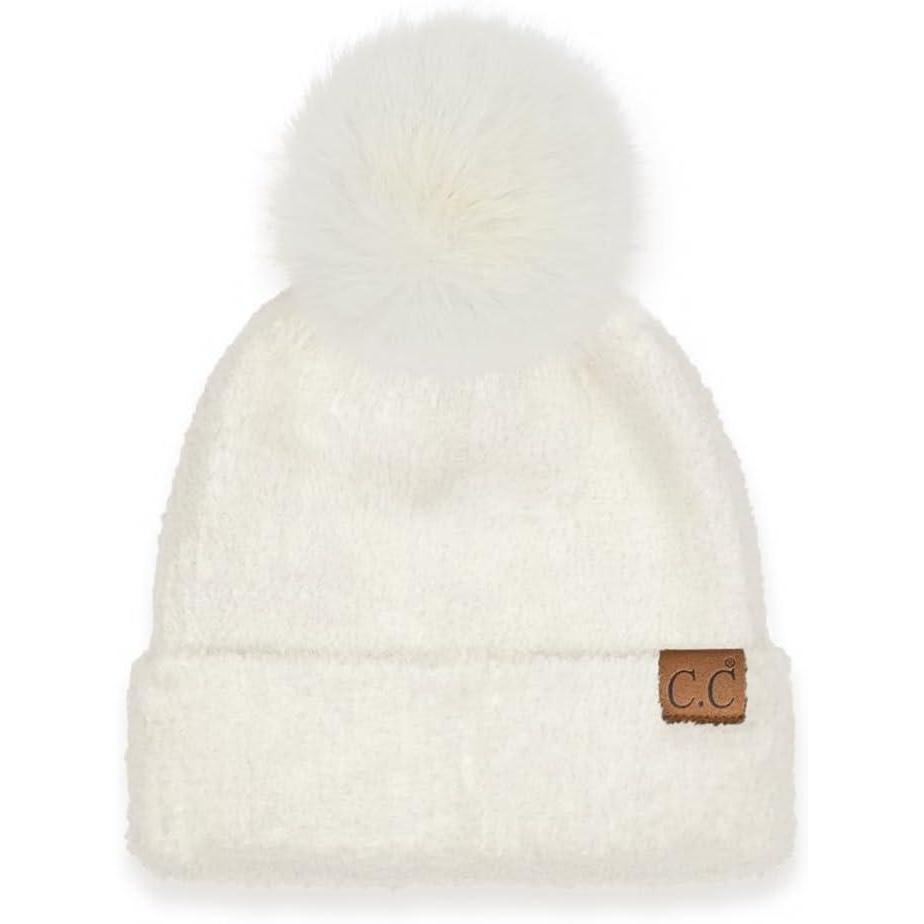 imageCC Sequin Pom Beanie for Women  Acrylic Stretchable Soft Warm Knit Winter Skully Hat with Yarn PomTerryivory