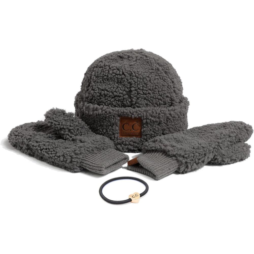 imageCC Sherpa Cuff Beanie Hat Suede Logo and Sherpa Mitten Gloves HAT008MT008Greygift Set