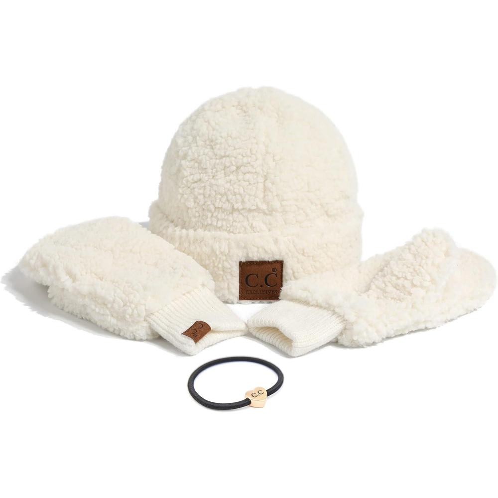 imageCC Sherpa Cuff Beanie Hat Suede Logo and Sherpa Mitten Gloves HAT008MT008Ivorygift Set