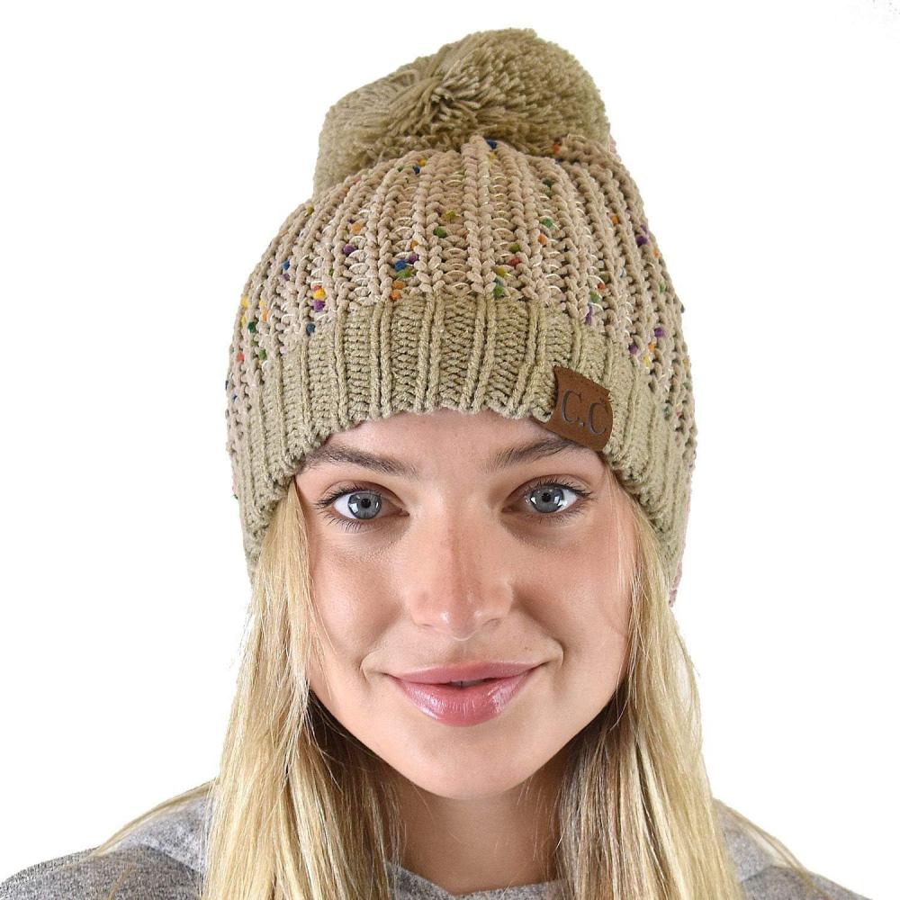 imageCC Soft Winter Warm Confetti Knit Chenille Pom Beanie HatTaupe
