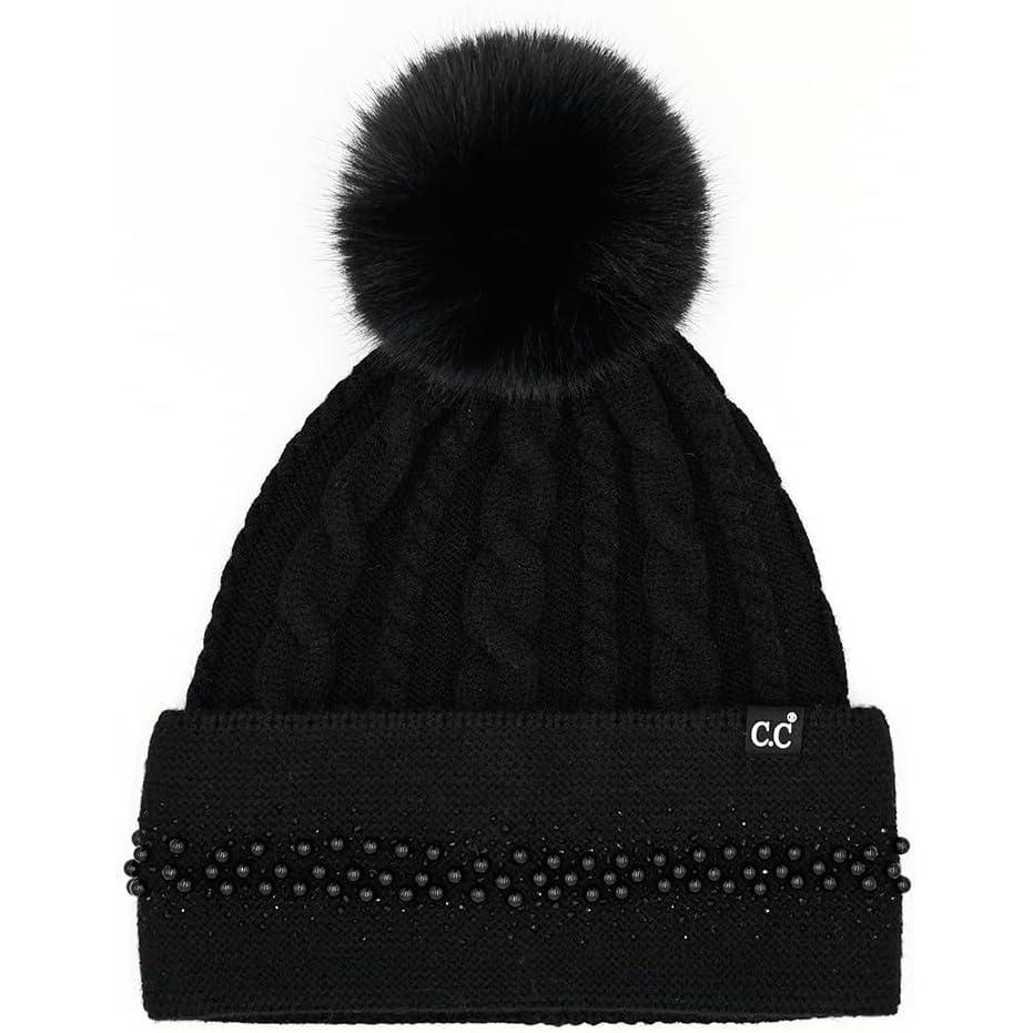 imageCC Star Stud Fur Pom Beanie for Women  Recycled Yarn Stretchable Soft Warm Knit Winter Skully Hat with Faux Fur PomPearlblack