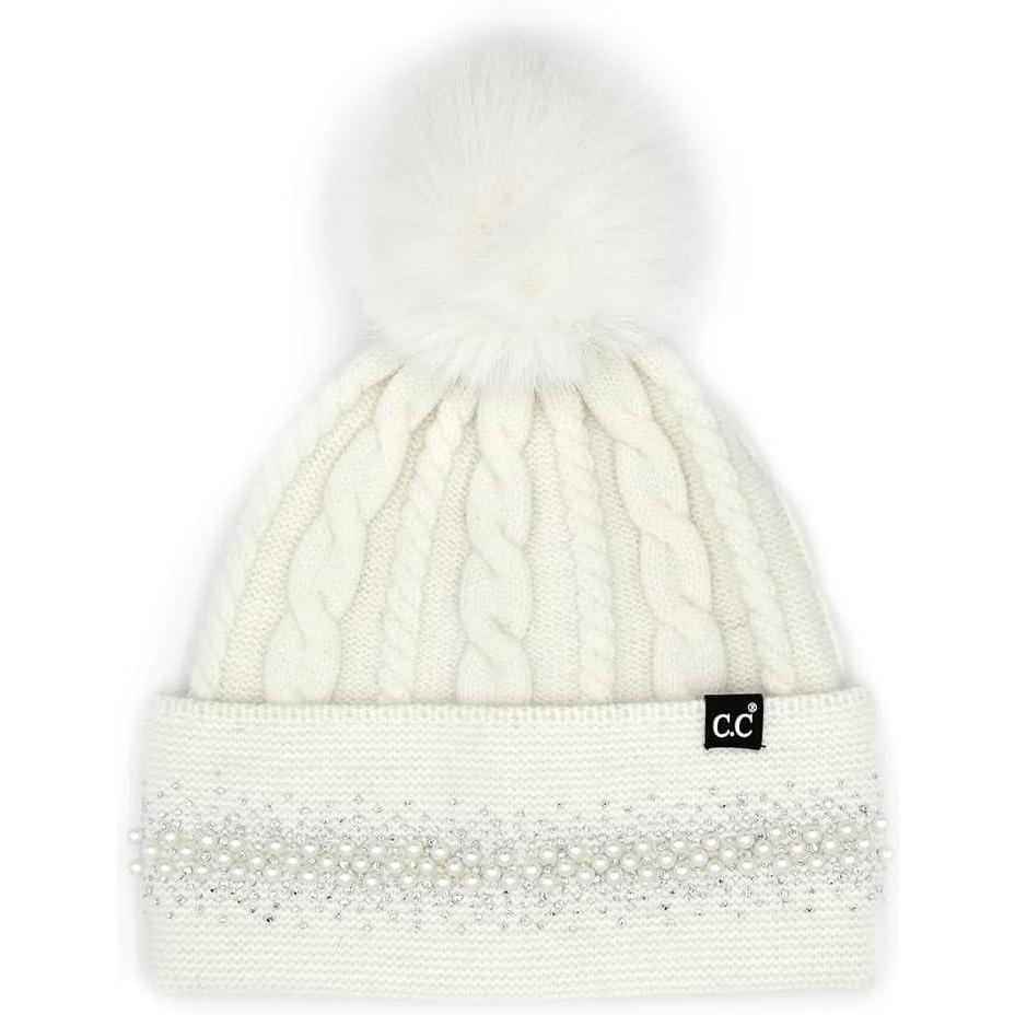 imageCC Star Stud Fur Pom Beanie for Women  Recycled Yarn Stretchable Soft Warm Knit Winter Skully Hat with Faux Fur PomPearlivory