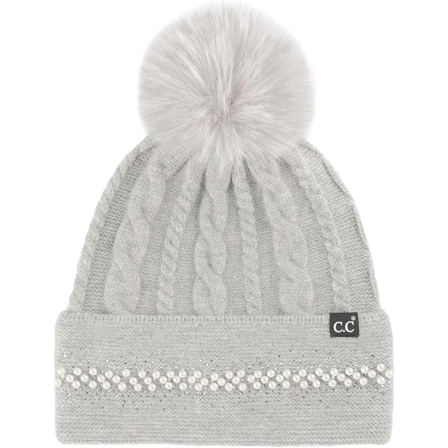 imageCC Star Stud Fur Pom Beanie for Women  Recycled Yarn Stretchable Soft Warm Knit Winter Skully Hat with Faux Fur PomPearlltgrey