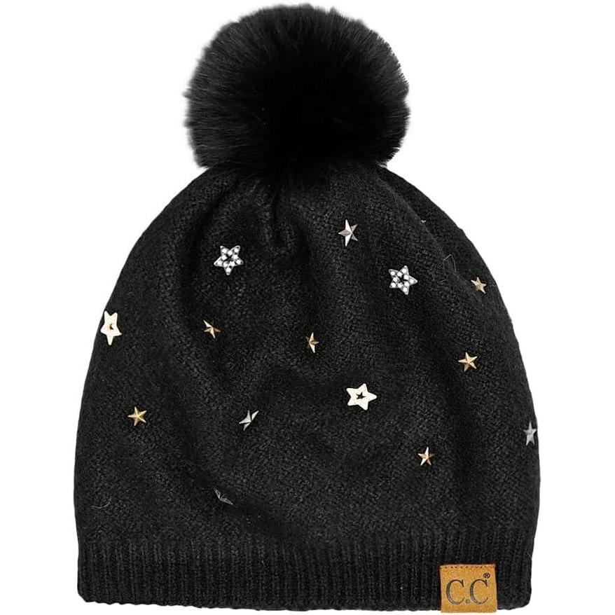 imageCC Star Stud Fur Pom Beanie for Women  Recycled Yarn Stretchable Soft Warm Knit Winter Skully Hat with Faux Fur PomStar Studblack