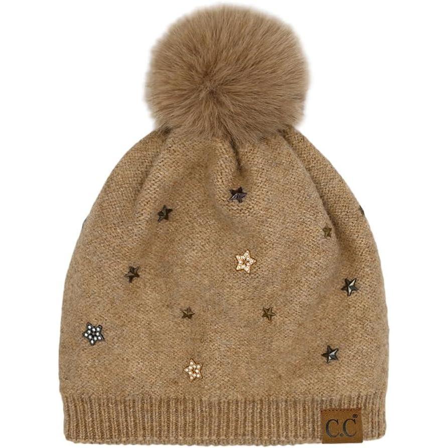 imageCC Star Stud Fur Pom Beanie for Women  Recycled Yarn Stretchable Soft Warm Knit Winter Skully Hat with Faux Fur PomStar Studtaupe