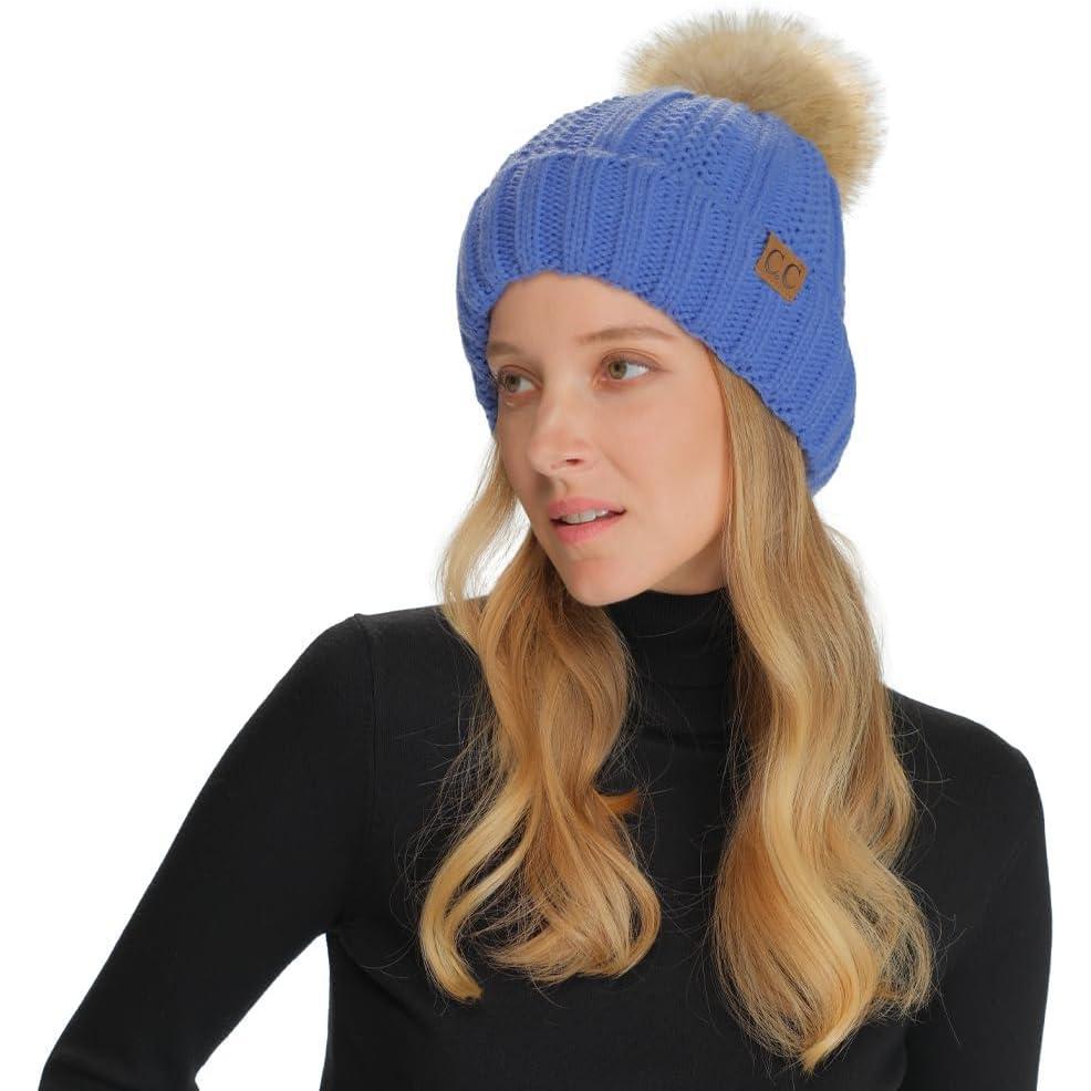 imageCC Thick Cable Knit Faux Fuzzy Fur Pom Fleece Lined Skull Cap Cuff BeanieIris Blue