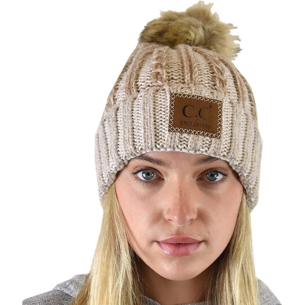 imageCC Thick Cable Knit Faux Fuzzy Fur Pom Skull Cap Cuff BeanieCenter Patch Beige