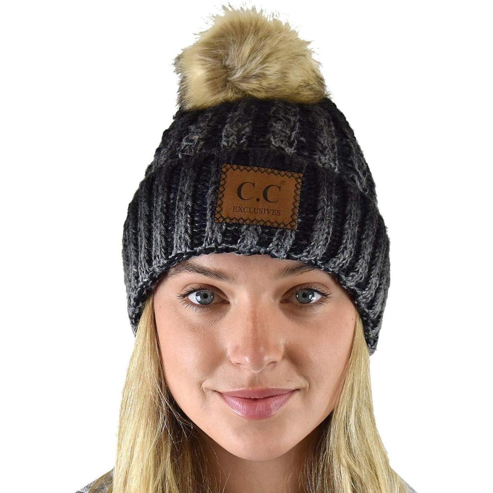 imageCC Thick Cable Knit Faux Fuzzy Fur Pom Skull Cap Cuff BeanieCenter Patch Black