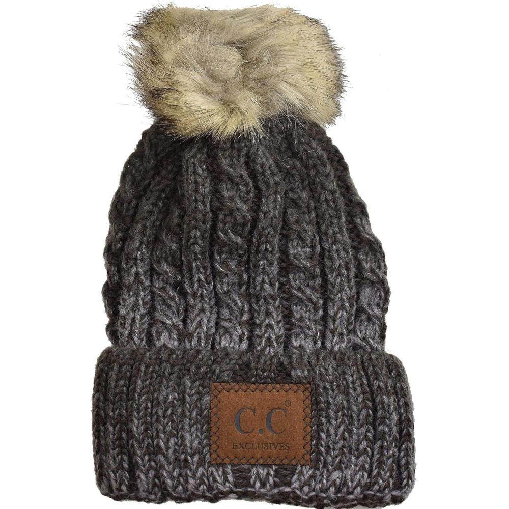 imageCC Thick Cable Knit Faux Fuzzy Fur Pom Skull Cap Cuff BeanieCenter Patch Brown