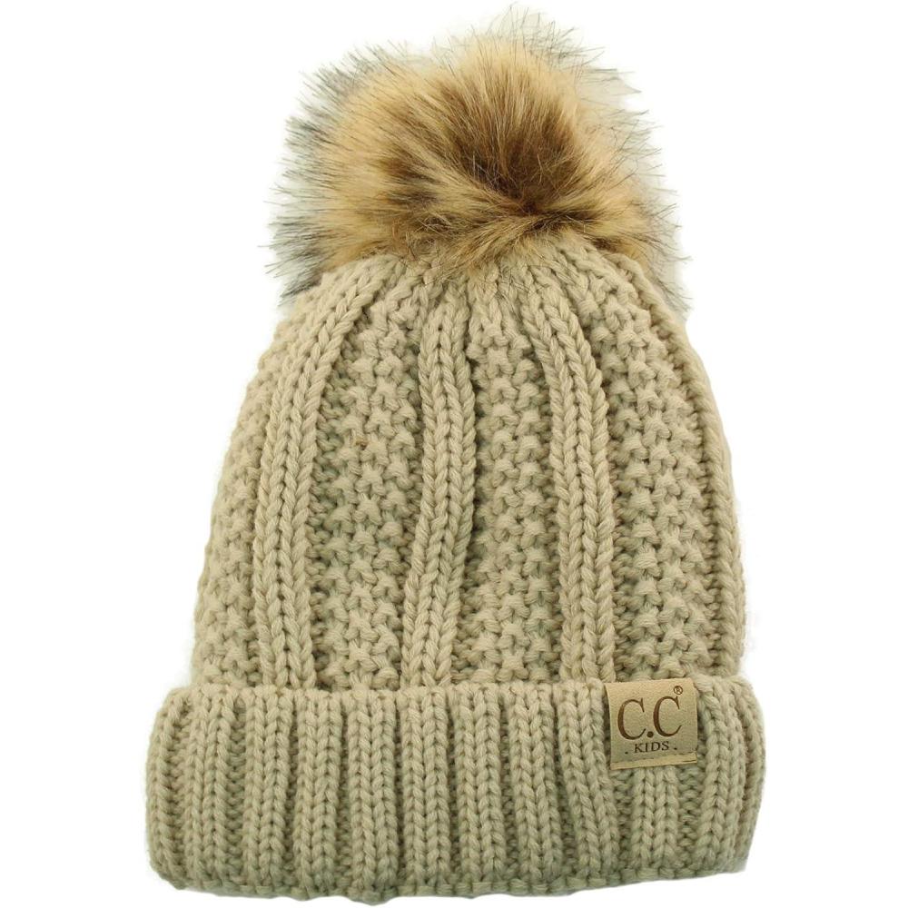 imageCC Toddler Sherpa Fuzzy Lining Baby Beanie Hat for Kid Chunky Knitted with Pom Pom for Boys Girls Ages 25 YearsBeige