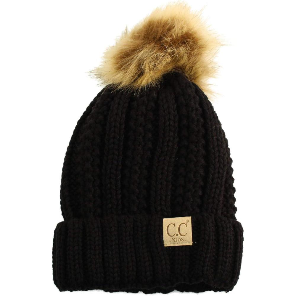 imageCC Toddler Sherpa Fuzzy Lining Baby Beanie Hat for Kid Chunky Knitted with Pom Pom for Boys Girls Ages 25 YearsBlack
