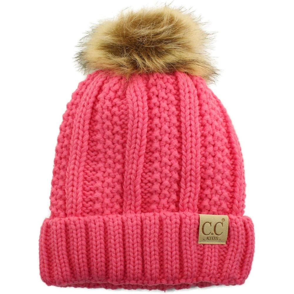 imageCC Toddler Sherpa Fuzzy Lining Baby Beanie Hat for Kid Chunky Knitted with Pom Pom for Boys Girls Ages 25 YearsCandy Pink