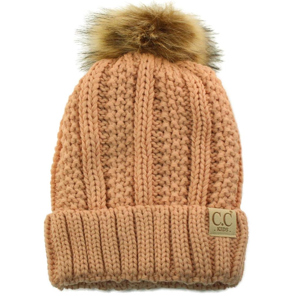imageCC Toddler Sherpa Fuzzy Lining Baby Beanie Hat for Kid Chunky Knitted with Pom Pom for Boys Girls Ages 25 YearsIndi Pink