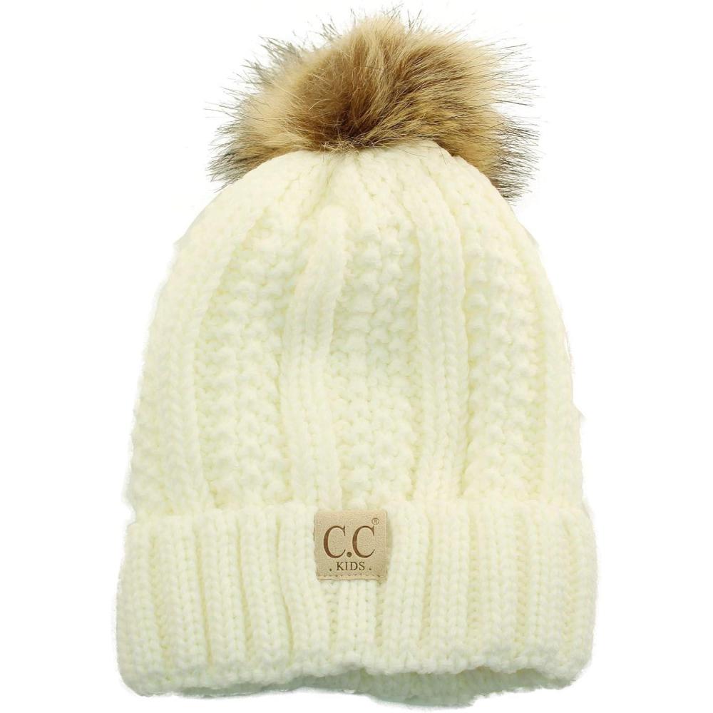 imageCC Toddler Sherpa Fuzzy Lining Baby Beanie Hat for Kid Chunky Knitted with Pom Pom for Boys Girls Ages 25 YearsIvory