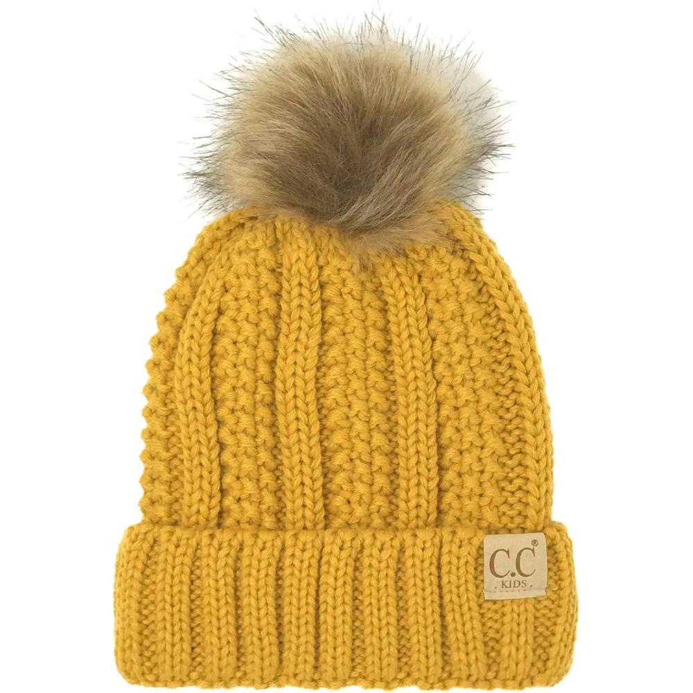 imageCC Toddler Sherpa Fuzzy Lining Baby Beanie Hat for Kid Chunky Knitted with Pom Pom for Boys Girls Ages 25 YearsMustard