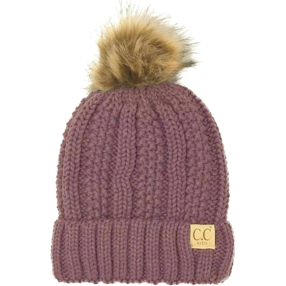 imageCC Toddler Sherpa Fuzzy Lining Baby Beanie Hat for Kid Chunky Knitted with Pom Pom for Boys Girls Ages 25 YearsViolet