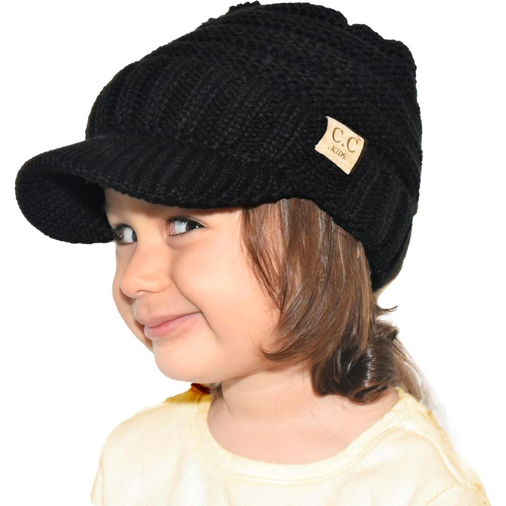 imageCC Toddler Trendy Warm Oversized Chunky Soft Oversized Ribbed Slouchy Knit Hat with Visor BrimBlack
