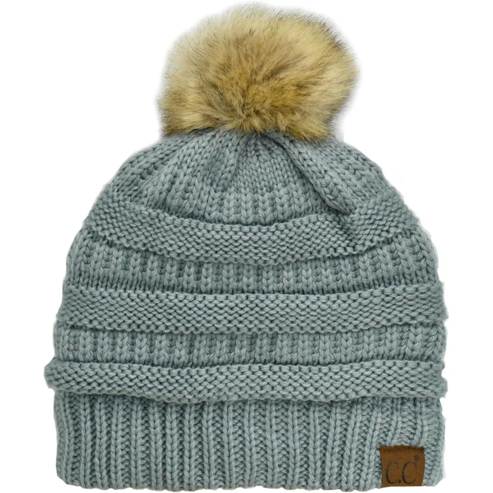 imageCC Trendy Fuzzy Fleece Lined Warm Comfortable Soft Stretch Cable Knit Ribbed Faux Fur Pom Pom Beanie HatWinter Mint Green