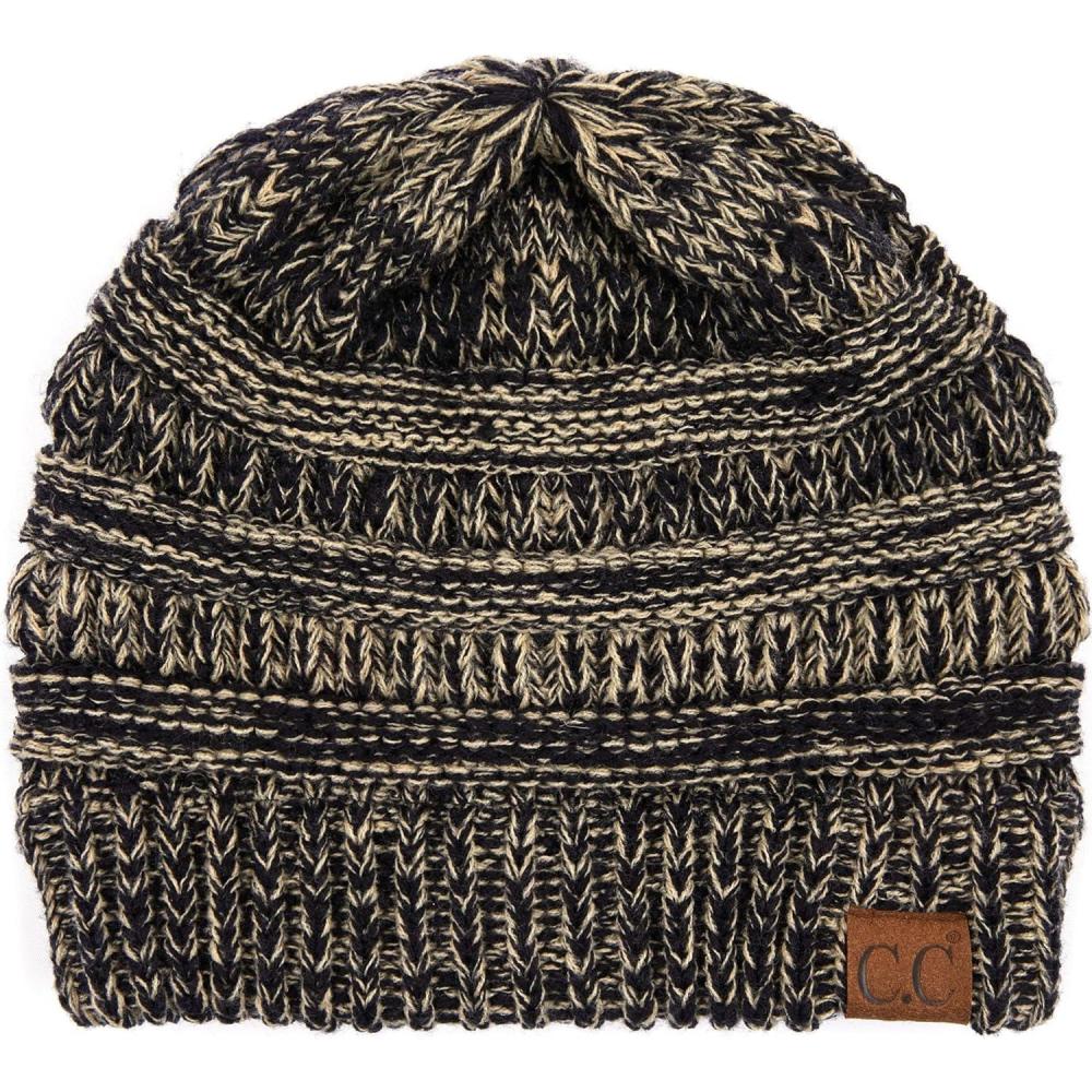 imageCC Trendy Warm Chunky Soft Stretch Cable Knit Beanie2 Tone BlackDark Beige
