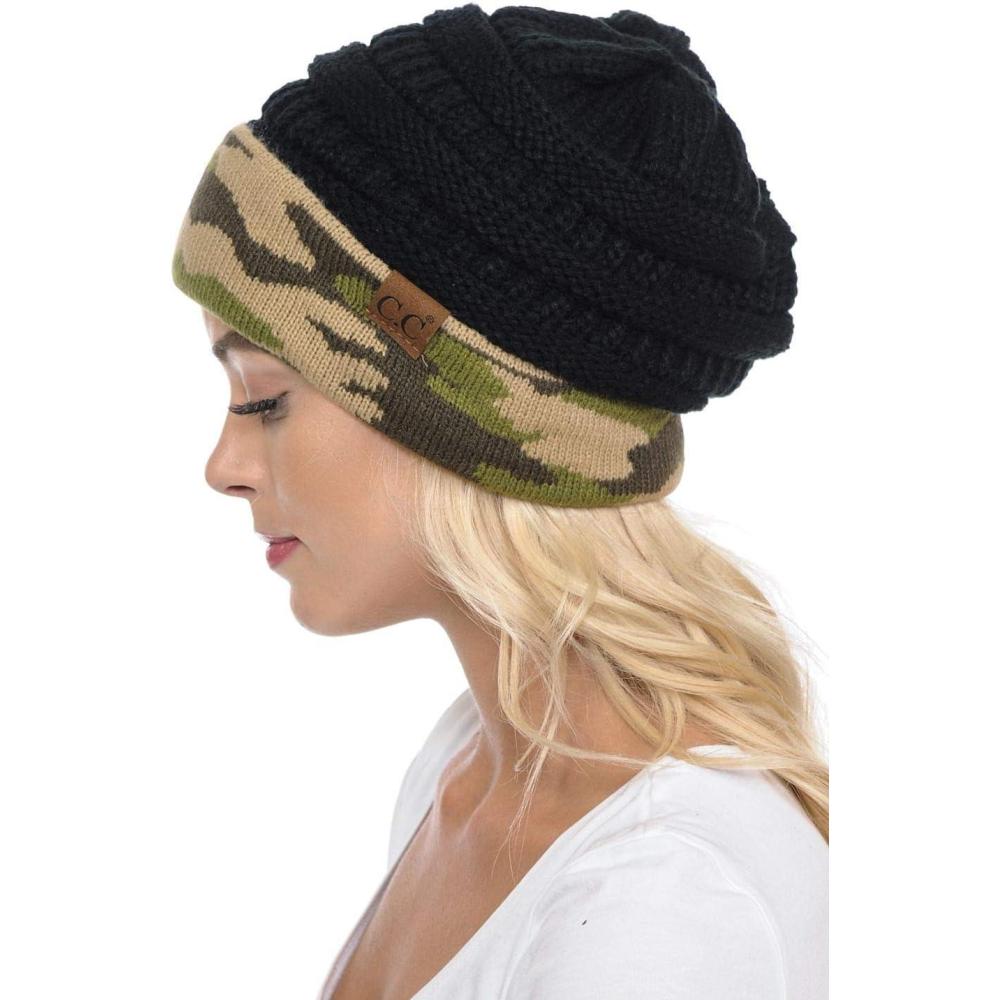 imageCC Trendy Warm Chunky Soft Stretch Cable Knit BeanieCamoBlack
