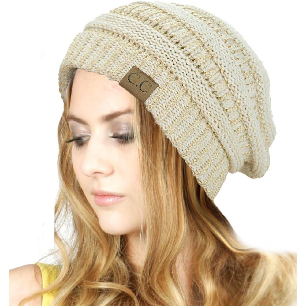 imageCC Trendy Warm Chunky Soft Stretch Cable Knit BeanieIvoryMet Gold