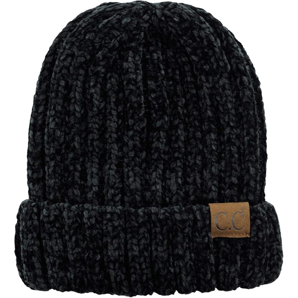 imageCC Unisex Chenille Soft Warm Stretchy Thick Cuffed Knit Beanie Cap HatBlack