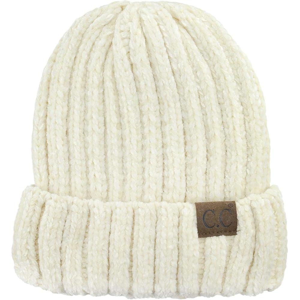imageCC Unisex Chenille Soft Warm Stretchy Thick Cuffed Knit Beanie Cap HatIvory