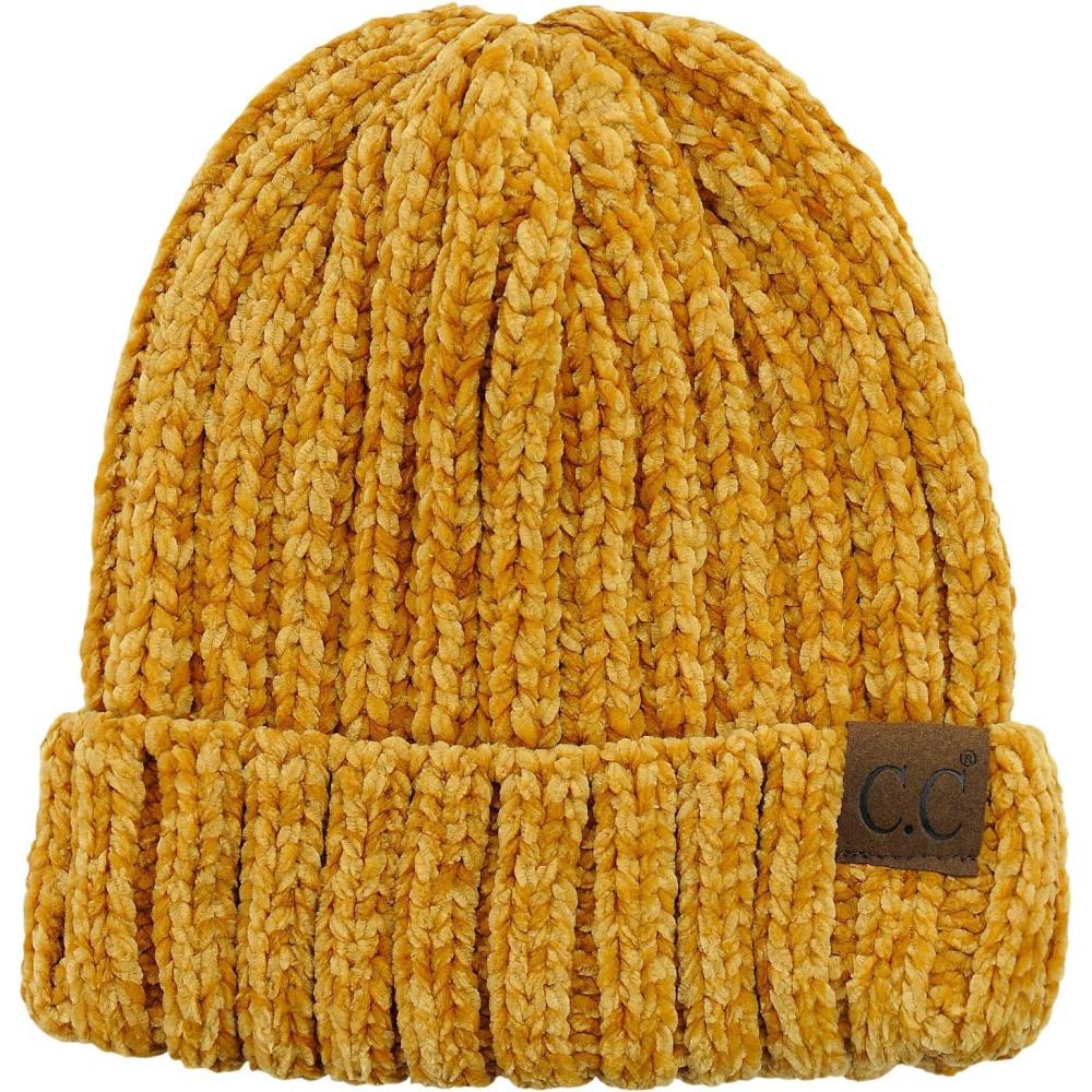 imageCC Unisex Chenille Soft Warm Stretchy Thick Cuffed Knit Beanie Cap HatMustard