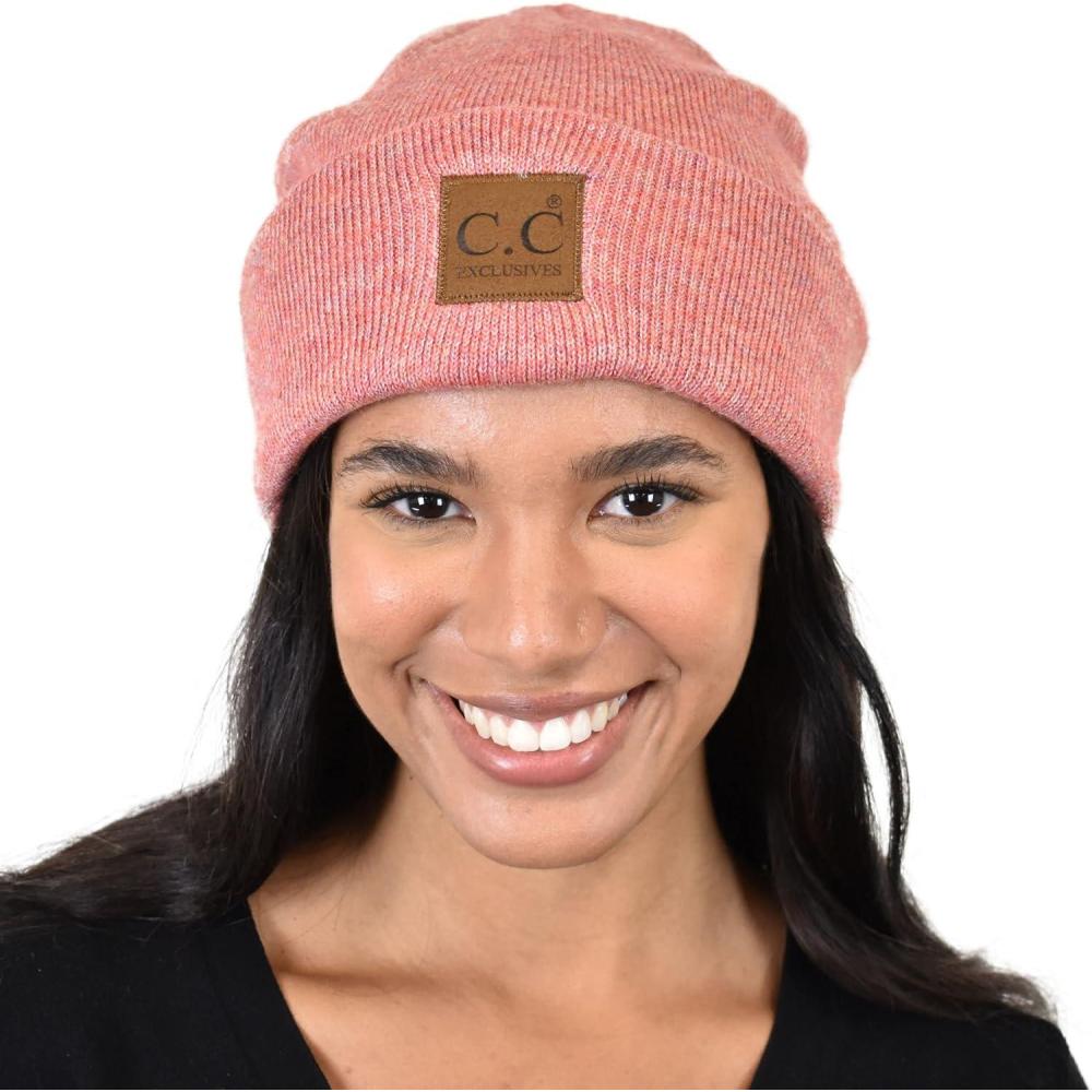 imageCC Unisex Soft Warm Acrylic Knit Cuffed Recycled Yarn BeanieHeather Strawberry