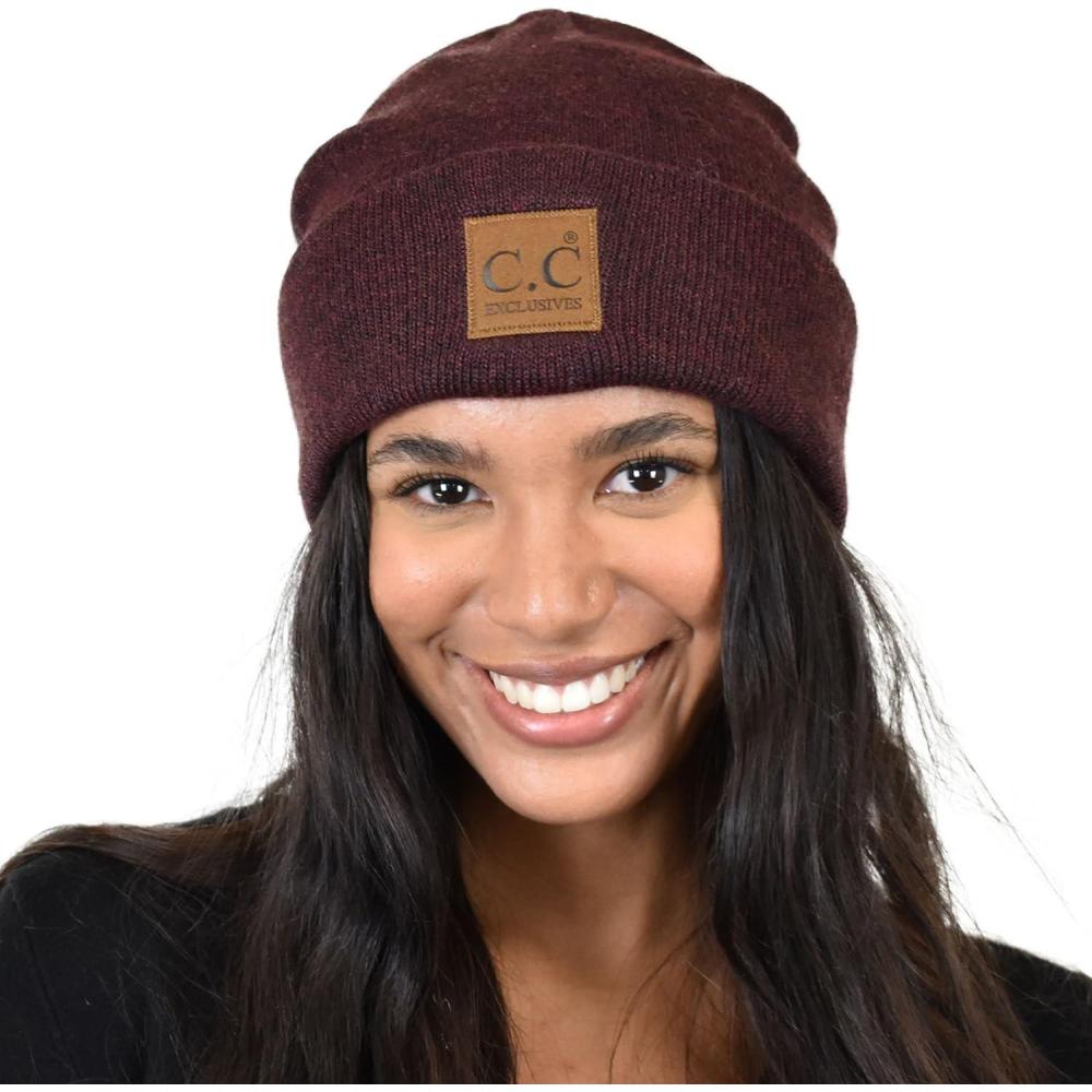 imageCC Unisex Soft Warm Acrylic Knit Cuffed Recycled Yarn BeanieHeather Wine