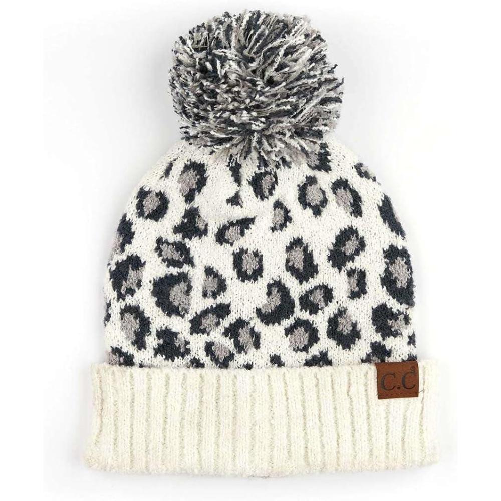imageCC Unisex Warm Soft Knit Pom Beanie HatLeopard Print Ivory