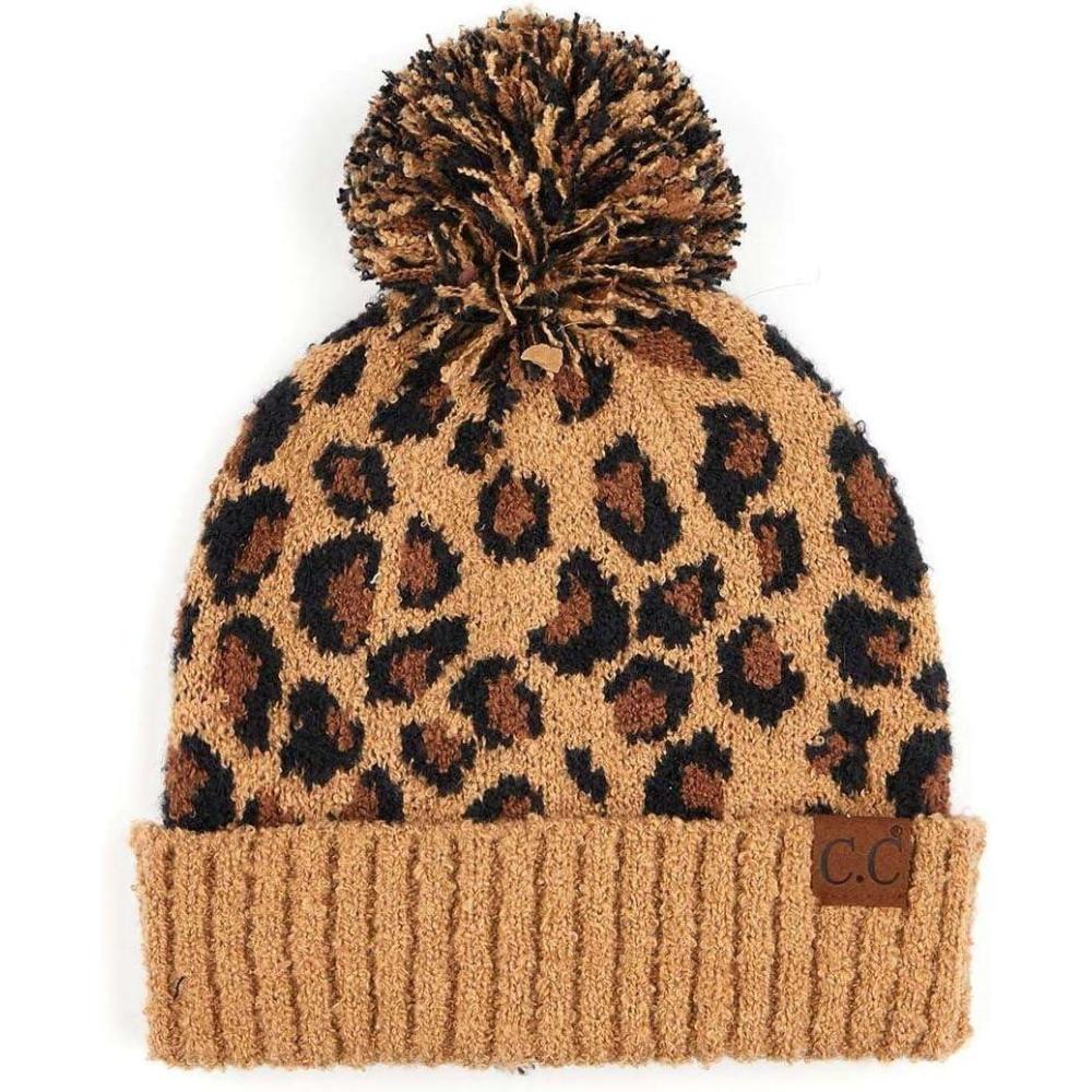 imageCC Unisex Warm Soft Knit Pom Beanie HatLeopard Print Latte