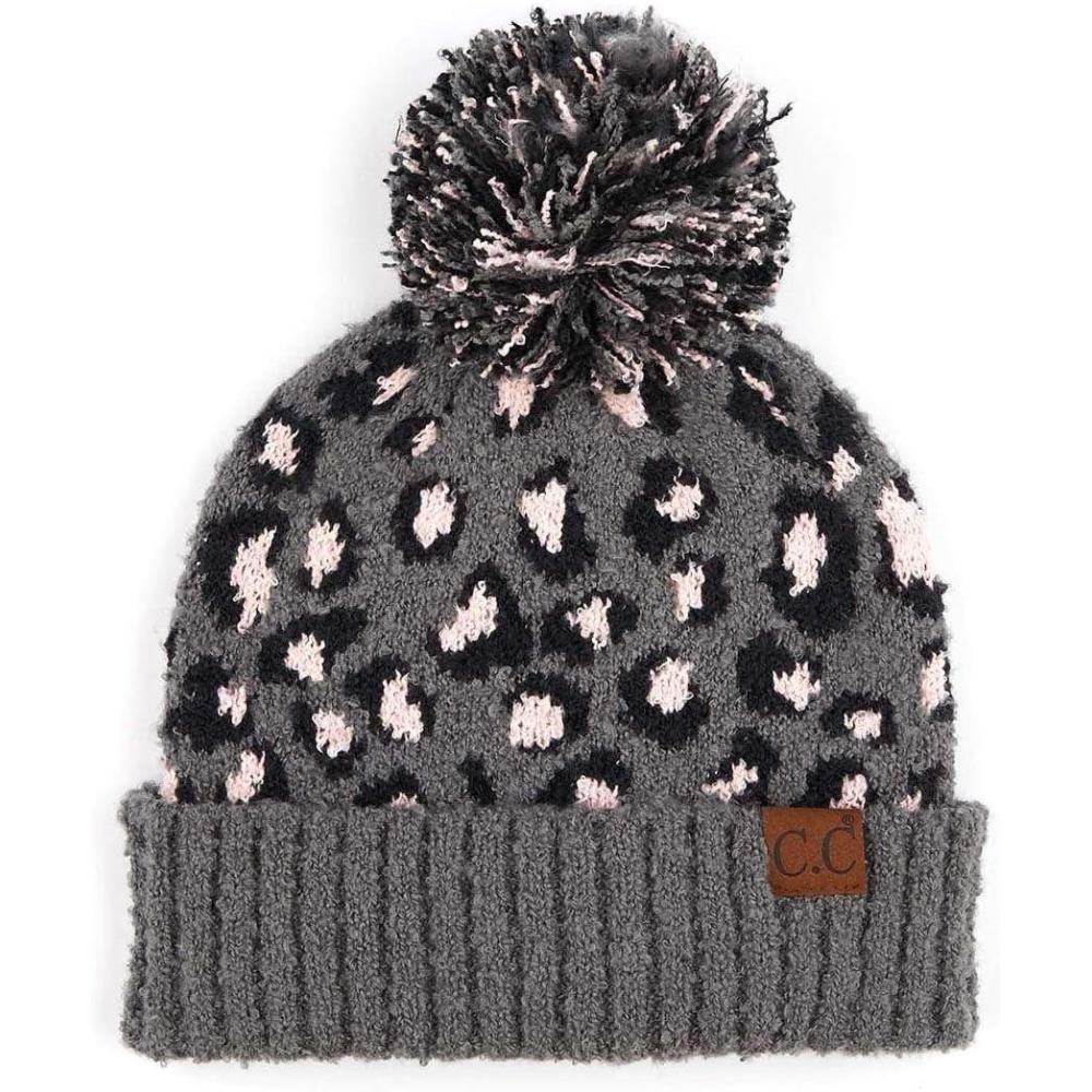 imageCC Unisex Warm Soft Knit Pom Beanie HatLeopard Print Light Melange Gray