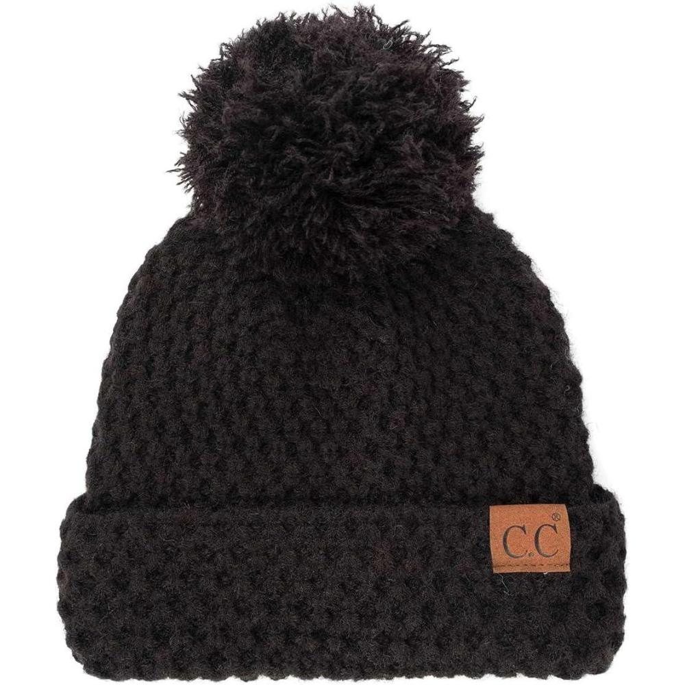 imageCC Unisex Warm Soft Knit Pom Beanie HatWaffle Knit Black