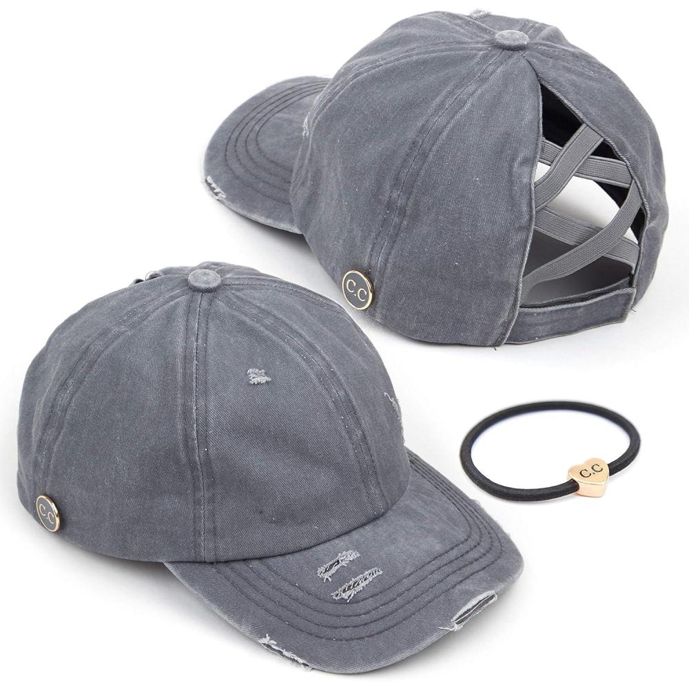 imageCC Washed Denim CrissCross Ponytail Cap Epoxy Button for face mask Face Mask not Included BT799Grey
