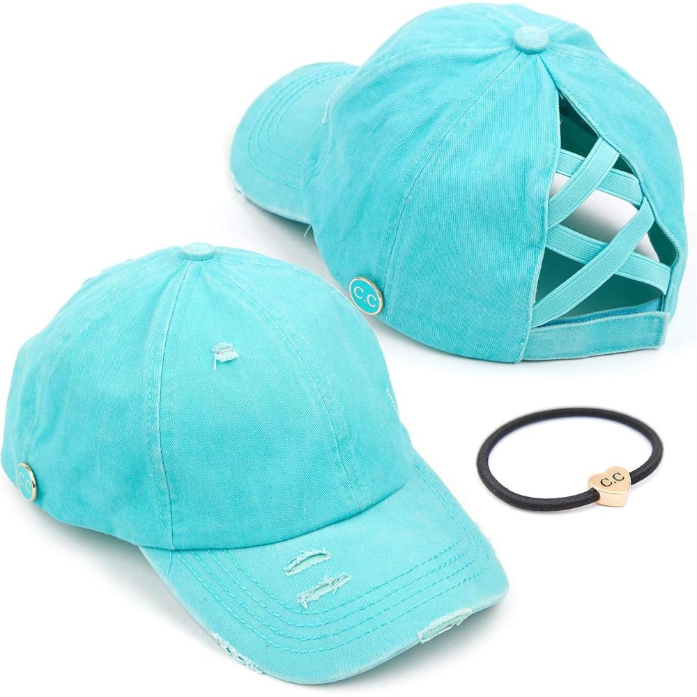 imageCC Washed Denim CrissCross Ponytail Cap Epoxy Button for face mask Face Mask not Included BT799Mint