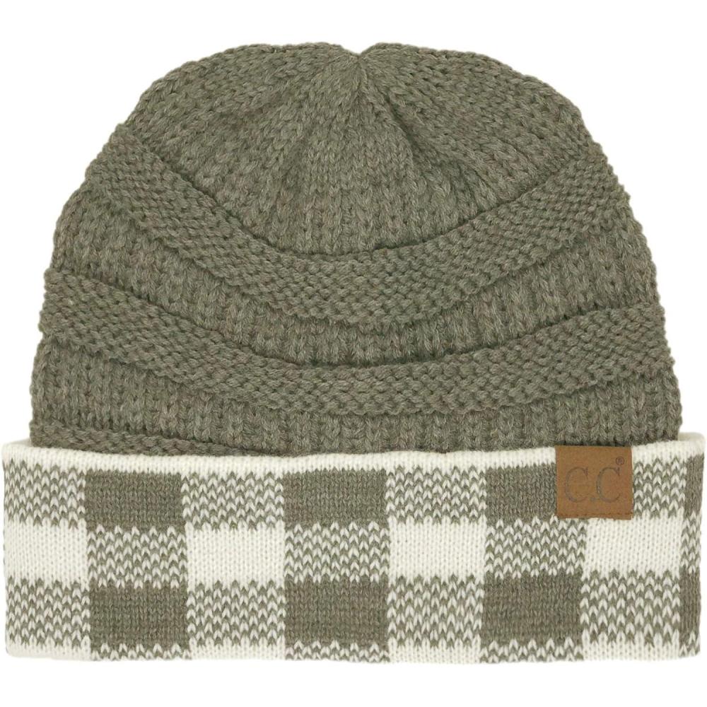 imageCC Winter Fall Trendy Chunky Stretchy Cable Knit Beanie HatBuffalo Plaid Dk Melange GrayWhite