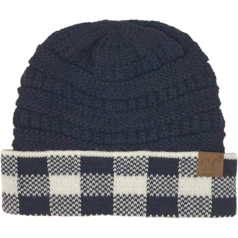 imageCC Winter Fall Trendy Chunky Stretchy Cable Knit Beanie HatBuffalo Plaid NavyWhite