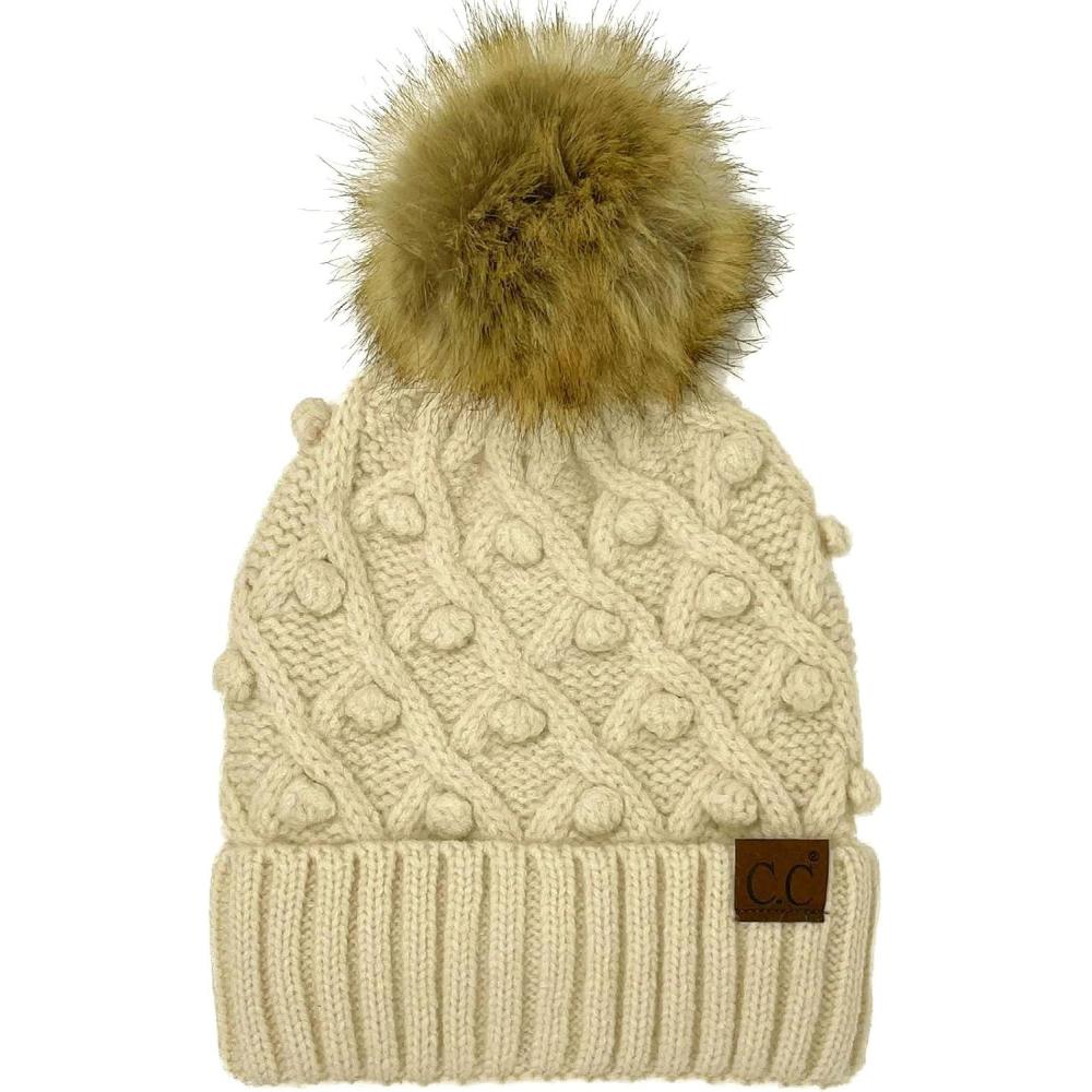 imageCC Winter Sherpa Fleeced Lined Chunky Knit Stretch Pom Pom Beanie Hat Cap Handmade Bobble Beige