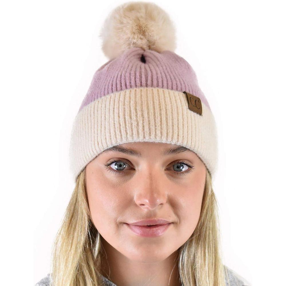 imageCC Winter Solid Dual Color Ribbed Knit Pom Cuff Beanie HatLavender