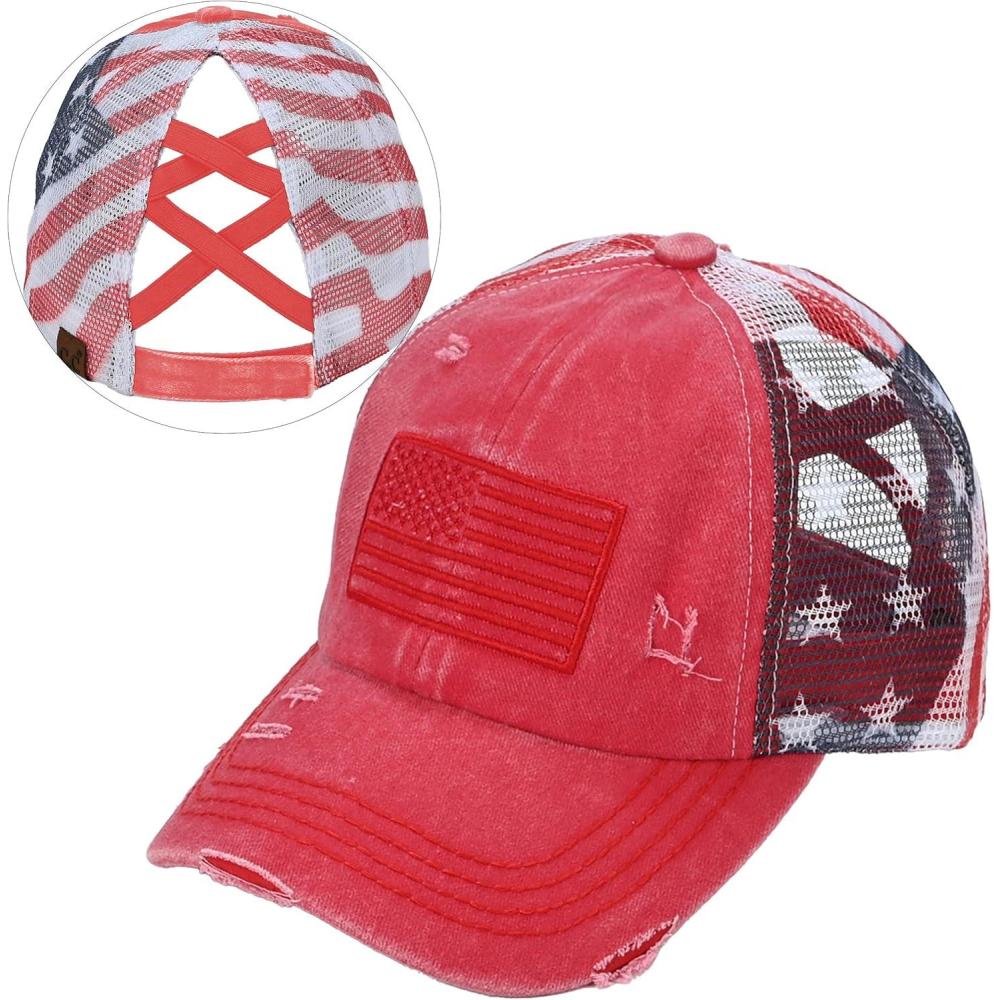imageCC Womens CrissCross Ponytail Baseball Cap  Embroidered Cotton Front American Flag Mesh Back Adjustable VelcroRed
