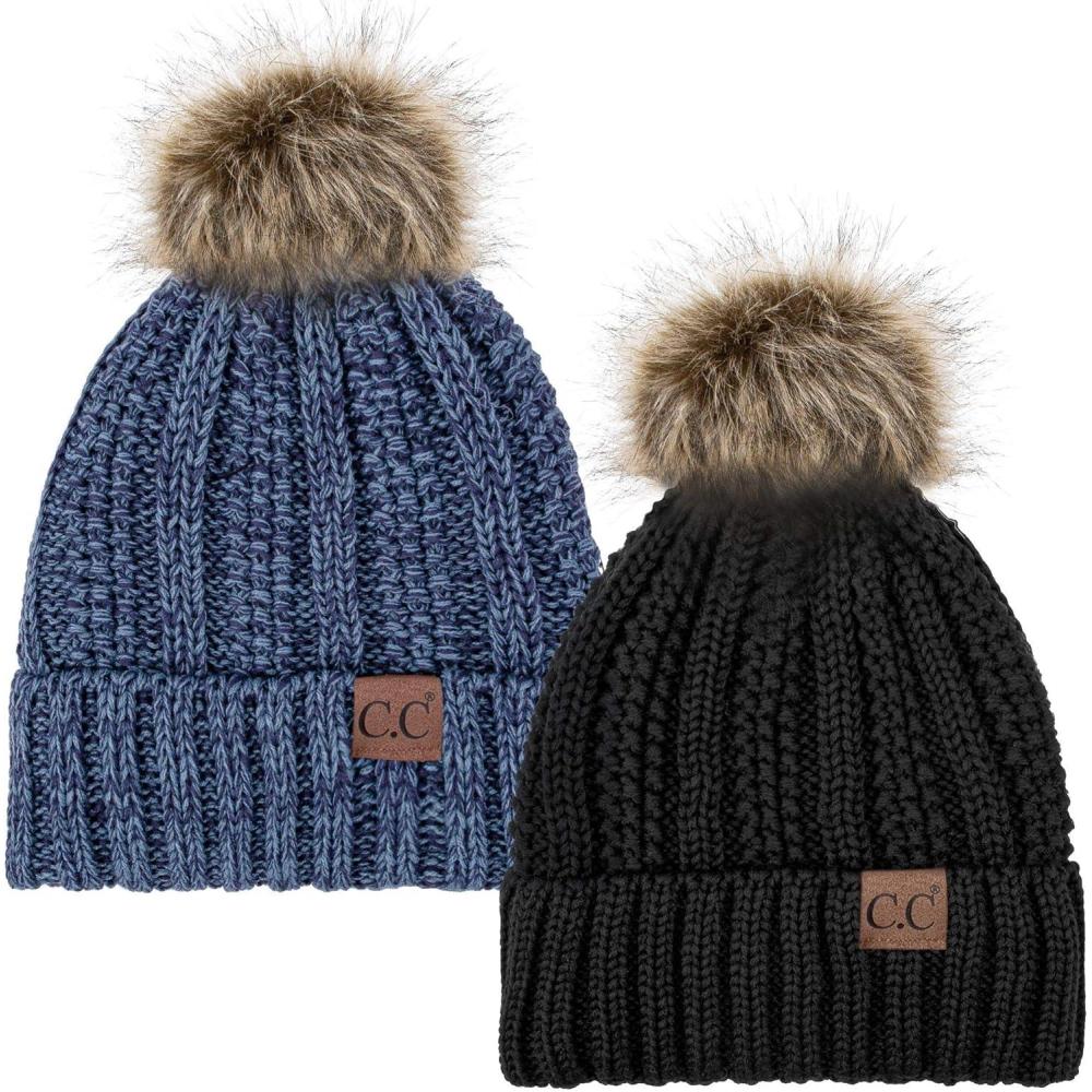 imageCC YJ820 Thick Cable Knit Hat Faux Fur Pom Fleece Lined Cap Cuff Beanie 2 PackBlack19 Denim Mix
